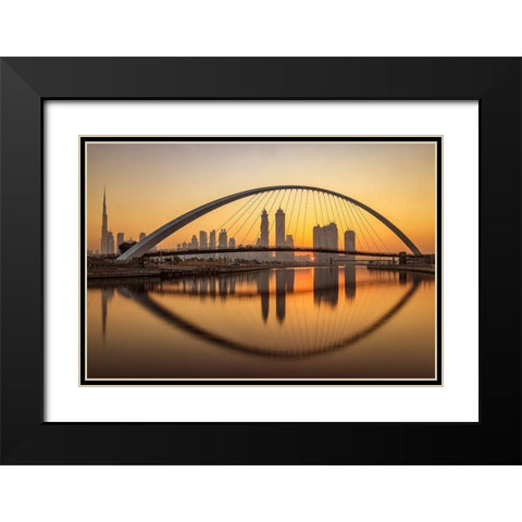 Sunrise At The Dubai Water Canal Black Modern Wood Framed Art Print with Double Matting by Shamaa, Mohammed