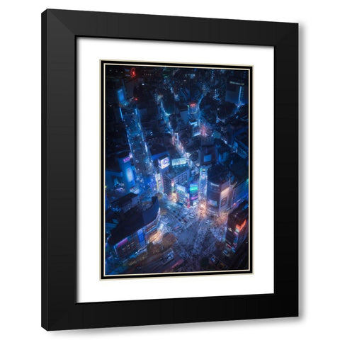 Flying Shibuya Black Modern Wood Framed Art Print with Double Matting by De La, Javier