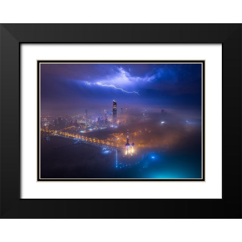 Fog And Lightning In Kuwait City Black Modern Wood Framed Art Print with Double Matting by Alnomas, Faisal