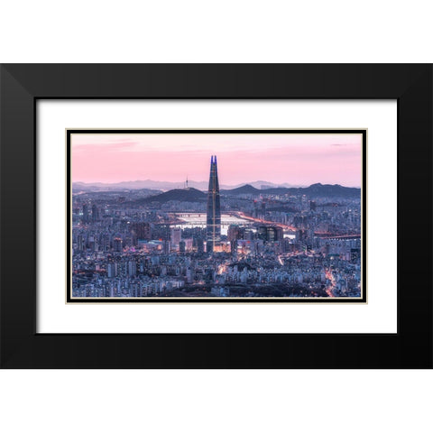 Seoul City Black Modern Wood Framed Art Print with Double Matting by Eom, Gwangseop