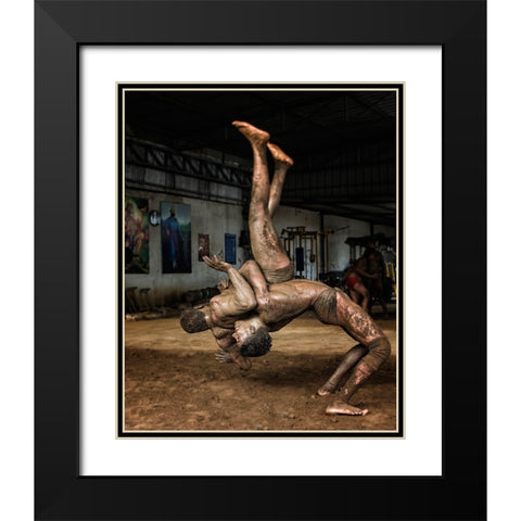 Indian Wrestling Black Modern Wood Framed Art Print with Double Matting by Grover, Manik