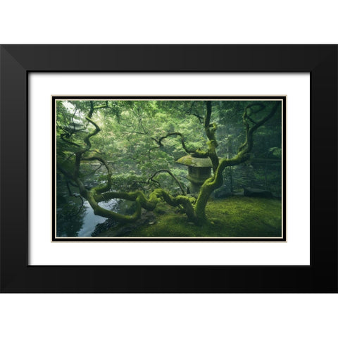 Japanese Tree Black Modern Wood Framed Art Print with Double Matting by De La, Javier
