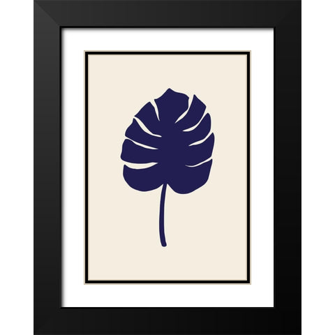 Monstera Leaf Dark Blue Black Modern Wood Framed Art Print with Double Matting by 1x Studio