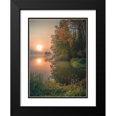 Foggy Fall Lake Black Modern Wood Framed Art Print with Double Matting by Lindsten, Christian