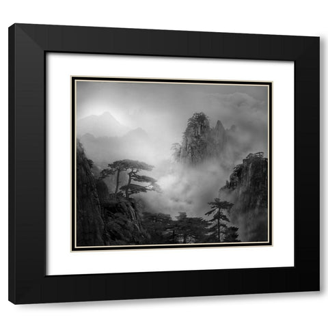 Huang Shan In The Fog Black Modern Wood Framed Art Print with Double Matting by Guoji