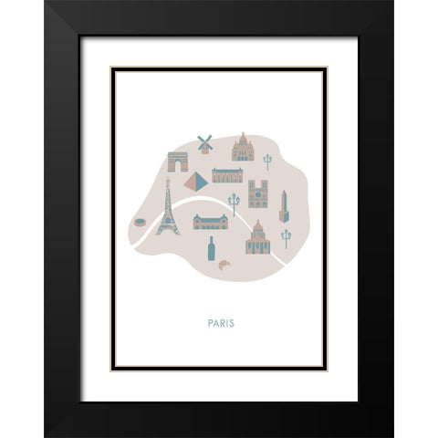 Paris Map Black Modern Wood Framed Art Print with Double Matting by 1x Studio II