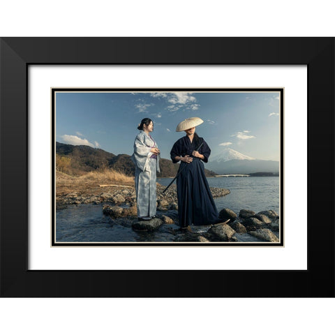 Japan Love Story Black Modern Wood Framed Art Print with Double Matting by Mieke