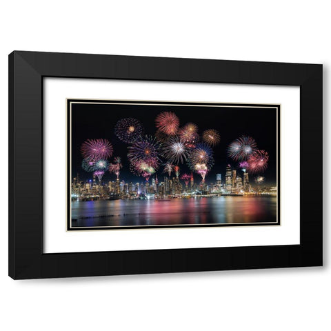 Firework In New York City Black Modern Wood Framed Art Print with Double Matting by Dai, Wei