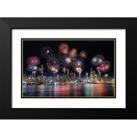 Firework In New York City Black Modern Wood Framed Art Print with Double Matting by Dai, Wei