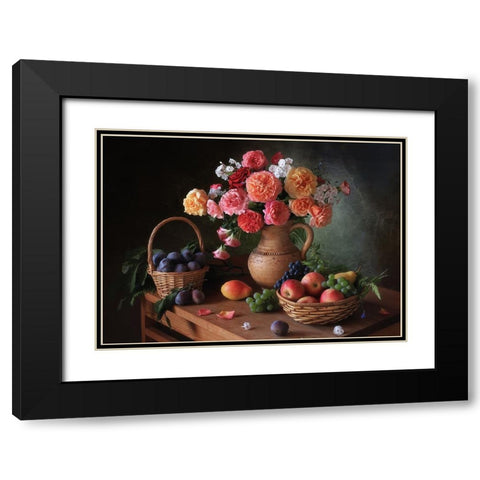 Still Life With Flowers And Autumn Fruits Black Modern Wood Framed Art Print with Double Matting by Skorokhod, Tatyana