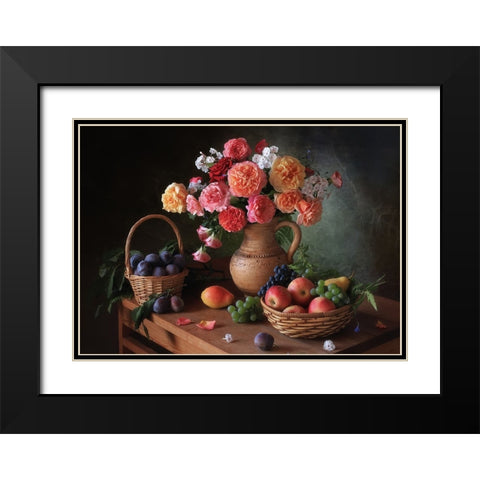 Still Life With Flowers And Autumn Fruits Black Modern Wood Framed Art Print with Double Matting by Skorokhod, Tatyana