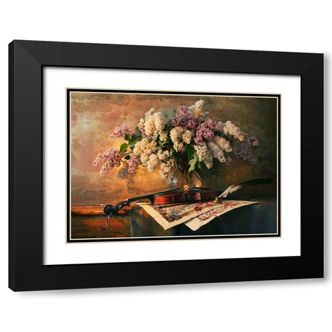 Still Life With Violin And Lilac Flowers Black Modern Wood Framed Art Print with Double Matting by Morozov, Andrey