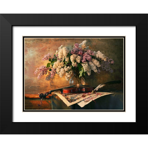 Still Life With Violin And Lilac Flowers Black Modern Wood Framed Art Print with Double Matting by Morozov, Andrey