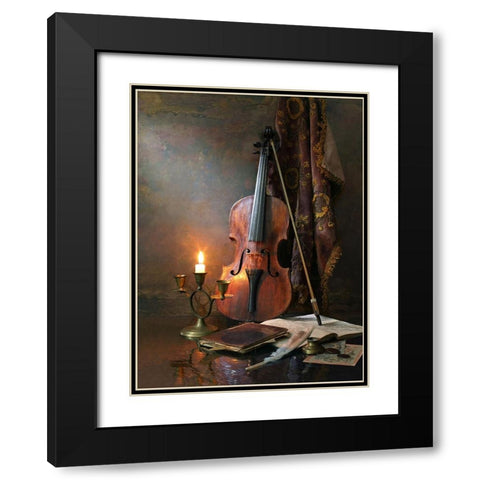 Still Life With Violin And Candle Black Modern Wood Framed Art Print with Double Matting by Morozov, Andrey
