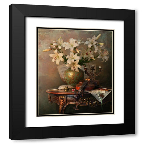 Still Life With Violin And Lilies Black Modern Wood Framed Art Print with Double Matting by Morozov, Andrey