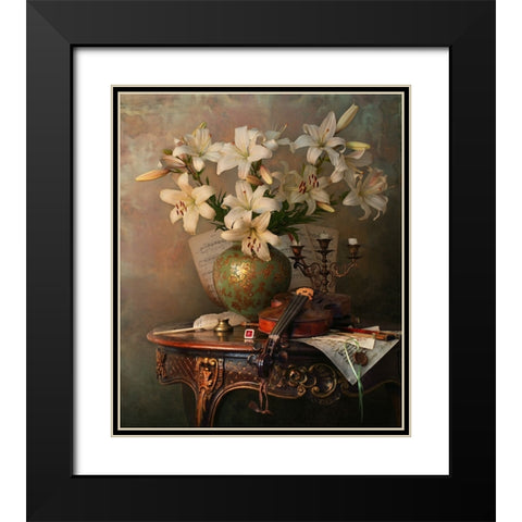 Still Life With Violin And Lilies Black Modern Wood Framed Art Print with Double Matting by Morozov, Andrey