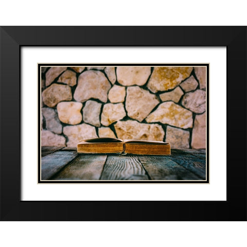 Old Open Book On Old Wooden Table On A Background Of Stone Walls Black Modern Wood Framed Art Print with Double Matting by Solovie, Andre