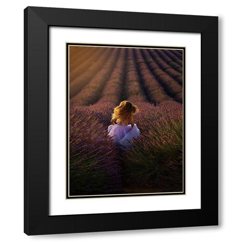 A Girl Running Towards The Flower Field Black Modern Wood Framed Art Print with Double Matting by Hu, Mei