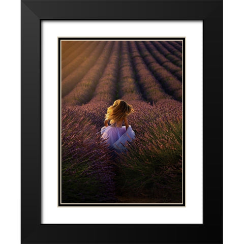 A Girl Running Towards The Flower Field Black Modern Wood Framed Art Print with Double Matting by Hu, Mei