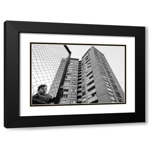 The Boy Behind The Fence Black Modern Wood Framed Art Print with Double Matting by Cvetkovic, Svetislav