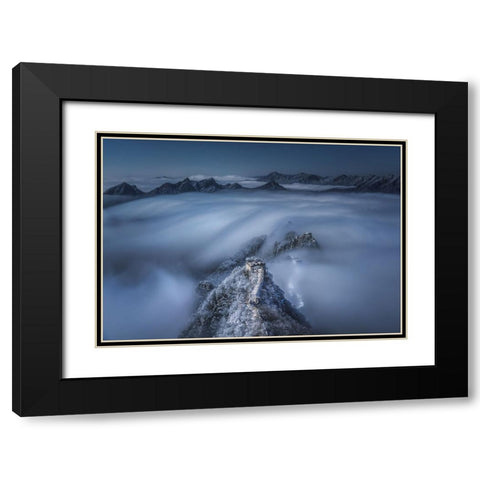 Flowing clouds pass over the Jian Kou Great Wall Black Modern Wood Framed Art Print with Double Matting by Cui, Yuan