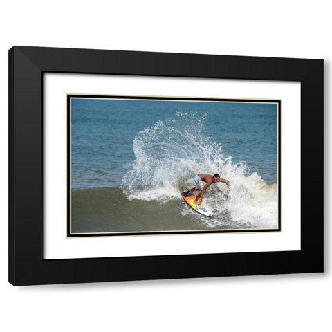 Surfing At Chennai Black Modern Wood Framed Art Print with Double Matting by GV, Balasurbramanian