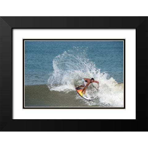 Surfing At Chennai Black Modern Wood Framed Art Print with Double Matting by GV, Balasurbramanian