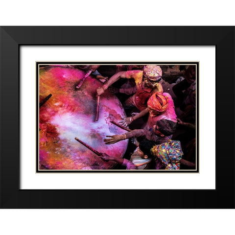 Holi Drummers In Barsana Black Modern Wood Framed Art Print with Double Matting by Rana, Ajit