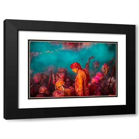 A Blue Hue Over The Singers At The Samaj During Holi Black Modern Wood Framed Art Print with Double Matting by Rana, Ajit