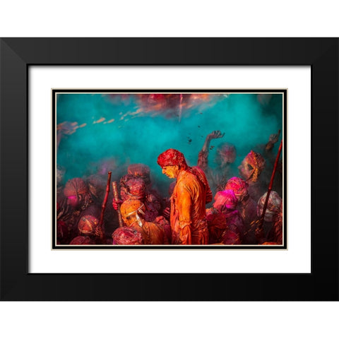 A Blue Hue Over The Singers At The Samaj During Holi Black Modern Wood Framed Art Print with Double Matting by Rana, Ajit