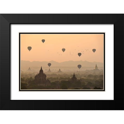 Bagan, balloons flying over ancient temples Black Modern Wood Framed Art Print with Double Matting by Intarob, Sarawut