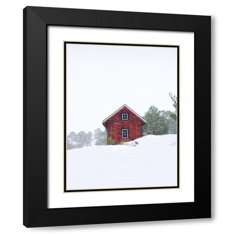 Old Red House During Snowstorm Black Modern Wood Framed Art Print with Double Matting by Lindsten, Christian