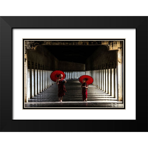 Two Monks Walking Home Black Modern Wood Framed Art Print with Double Matting by Rana, Ajit