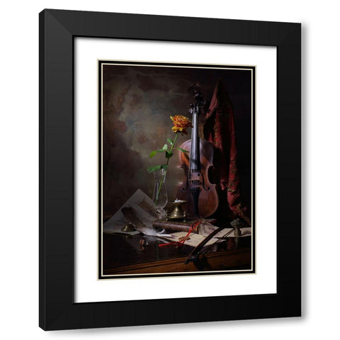Still Life With Violin And Rose Black Modern Wood Framed Art Print with Double Matting by Morozov, Andrey