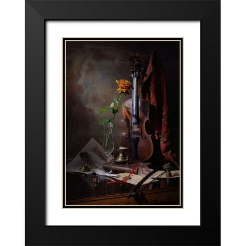 Still Life With Violin And Rose Black Modern Wood Framed Art Print with Double Matting by Morozov, Andrey