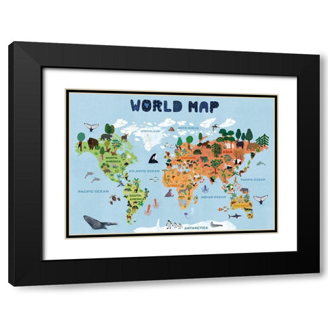 World map for kids Black Modern Wood Framed Art Print with Double Matting by Jotadejai