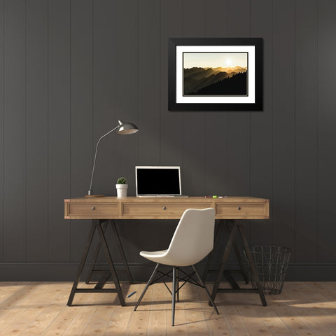 Sunset sun rays over the mountains Black Modern Wood Framed Art Print with Double Matting by Yamada, Tomomi