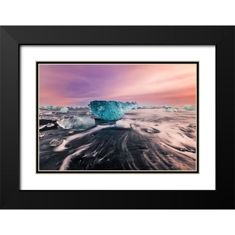 Blue qGemstoneq on black sand beach Black Modern Wood Framed Art Print with Double Matting by (David) Dai, Wei