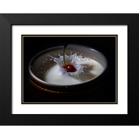 The cherry in a drop of milk Black Modern Wood Framed Art Print with Double Matting by Yacov, Oren
