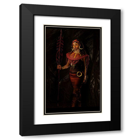 Masai Warrior Black Modern Wood Framed Art Print with Double Matting by Chattopadhyay, Debasish