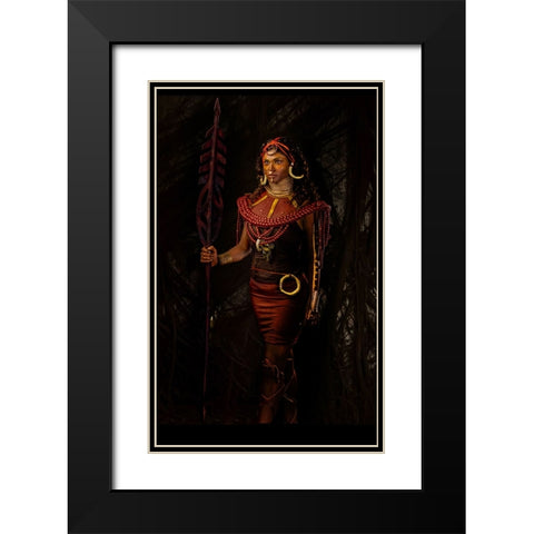 Masai Warrior Black Modern Wood Framed Art Print with Double Matting by Chattopadhyay, Debasish