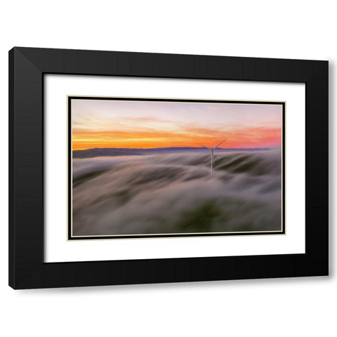 A Windmill In The Fog Black Modern Wood Framed Art Print with Double Matting by Qiu, Jenny