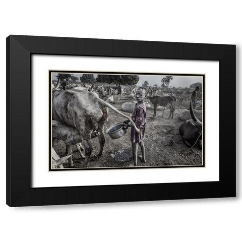 Mundari Child Filling The Container With Cow Urine - South Sudan Black Modern Wood Framed Art Print with Double Matting by Inazio Kuesta, Joxe