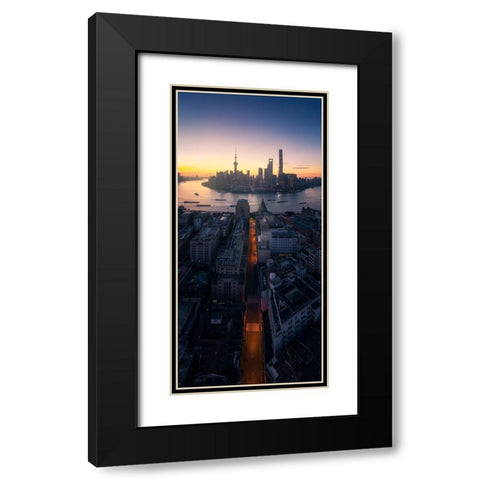 Shanghai Sunrise Black Modern Wood Framed Art Print with Double Matting by Tan, Jasper