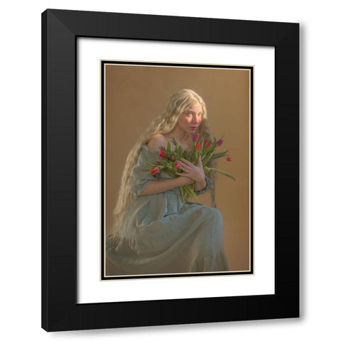 Lady With Flowers Black Modern Wood Framed Art Print with Double Matting by Durisova, Michaela