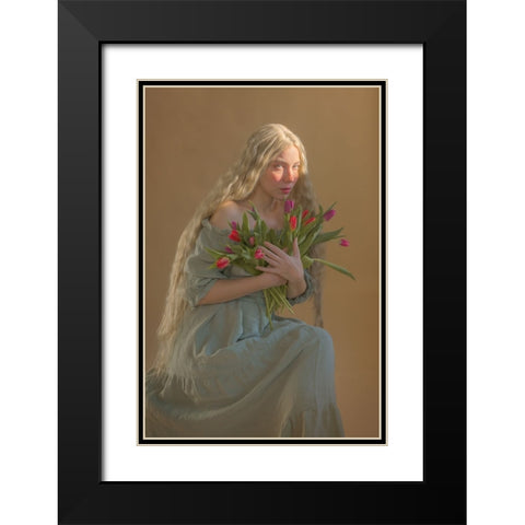 Lady With Flowers Black Modern Wood Framed Art Print with Double Matting by Durisova, Michaela
