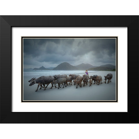 Selong Belanak Beach Black Modern Wood Framed Art Print with Double Matting by Octavandy