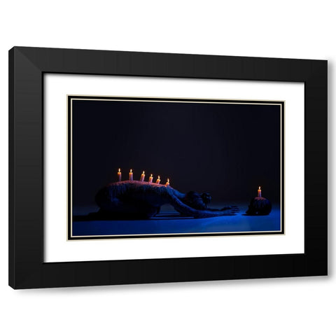 Burning Candles On Back Of Lady Bowing Down In Darkness Black Modern Wood Framed Art Print with Double Matting by Guryanov, Andrey