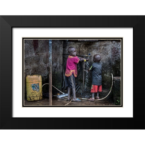 Surmi Tribe Children Cleaning Their Hands Before Starting To Eat - Ethiopia Black Modern Wood Framed Art Print with Double Matting by Inazio Kuesta, Joxe