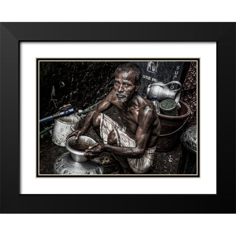 Man Filling A Pitcher With Water In The Streets Of Bangladesh. Black Modern Wood Framed Art Print with Double Matting by Inazio Kuesta, Joxe
